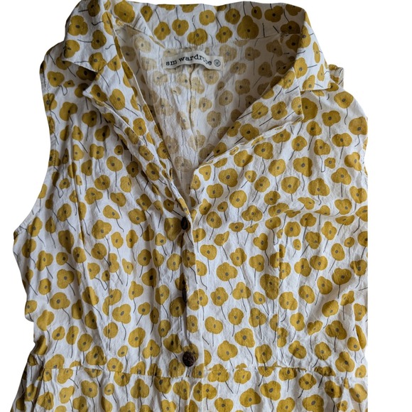 SM Wardrobe Womens Yellow Floral Cotton Sleeveless Button Down Dress M Retro - Picture 2 of 6